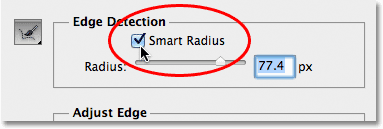 Menyalakan Cerdas Radius di kotak dialog Refine Edge. Image © 2012 Photoshop Essentials.com