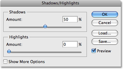 Диалоговое окно в Photoshop CS4 Shadow / Highlight. Image © 2009 Photoshop Essentials.com