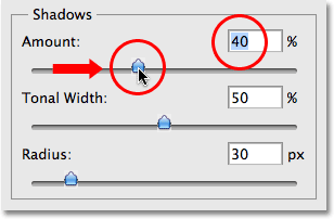 Установка количества тени 40%. Image © 2009 Photoshop Essentials.com