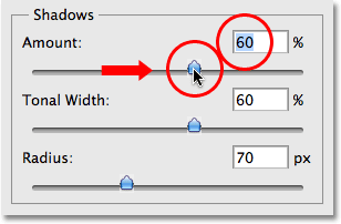 Увеличение значения Amount до 70% в тени диалоговое окно / обратить особое внимание. Image © 2009 Photoshop Essentials.com