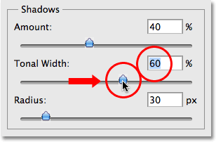 Увеличение тонального шириной до 60% для теней. Image © 2009 Photoshop Essentials.com
