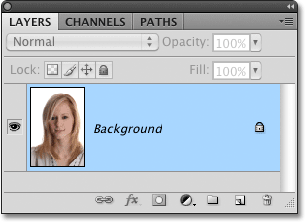 The Layers palette showing the original image on the Background layer in Photoshop. Image © 2010 Photoshop Essentials.com