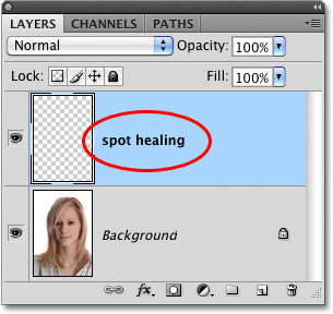 Creating a new spot healing layer in the Layers palette. Image © 2010 Photoshop Essentials.com