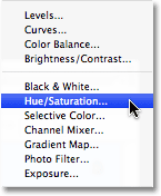 Выбор корректирующий слой Hue / Saturation в Photoshop. Image © 2008 Photoshop Essentials.com.