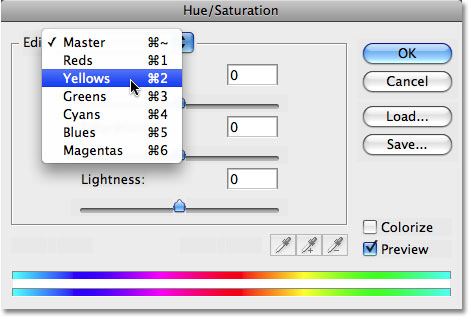 Выберите желтые из списка редактирования Hue / Saturation. Image © 2008 Photoshop Essentials.com.