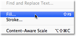 Choosing the Fill command from the Edit menu in Photoshop. Image © 2012 Photoshop Essentials.com.