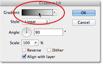 Mengklik pratinjau gradien bar di kotak dialog Gradient Fill. Image © 2012 Photoshop Essentials.com.