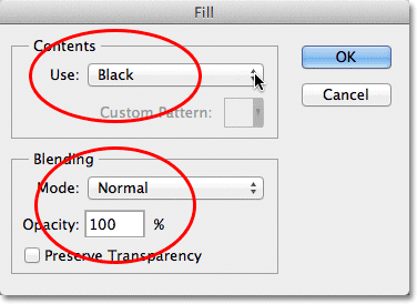 Kotak dialog Fill di Photoshop. Image © 2012 Photoshop Essentials.com.