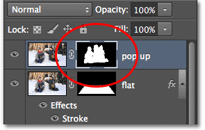 Thumbnail layer mask untuk layer 'pop up'. Image © 2012 Photoshop Essentials.com.