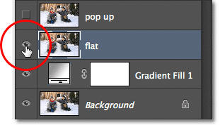 Memilih dan menghidupkan lapisan 'flat'. Image © 2012 Photoshop Essentials.com.