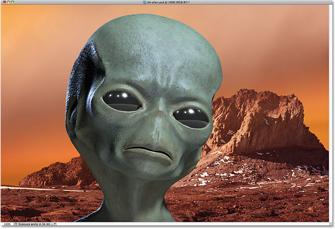 An alien on mars. Image composed of two separate imageslicensed from iStockphoto by Photoshop Essentials.com.