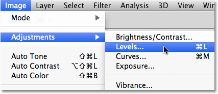 Go to Image, Adjustments, Levels. Image © 2010 Photoshop Essentials.com.