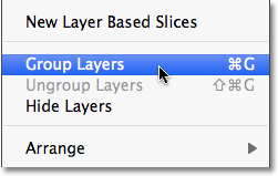 Selecting Group Layers from the Layer menu in Photoshop. Image © 2010 Photoshop Essentials.com.