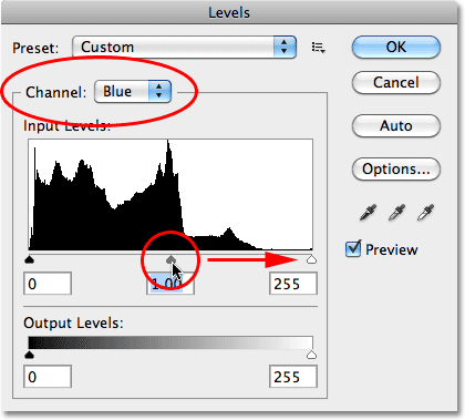 Removing the Blue channel in the Levels dialog box. Image © 2010 Photoshop Essentials.com.