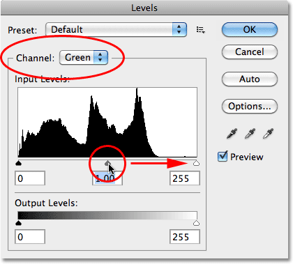 Removing the Green channel in the Levels dialog box. Image © 2010 Photoshop Essentials.com.