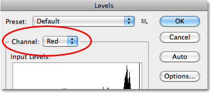 Selecting the Red channel in the Levels dialog box. Image © 2010 Photoshop Essentials.com.