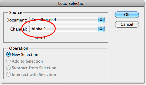 Loading the saved selection in Photoshop. Image © 2010 Photoshop Essentials.com.