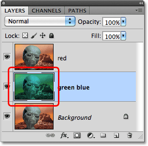 The preview thumbnail for the middle layer shows the red removed from the layer. Image © 2010 Photoshop Essentials.com.