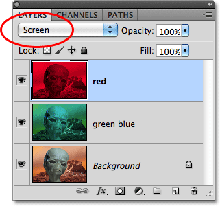 Changing the blend mode of the top layer to Screen. Image © 2010 Photoshop Essentials.com.