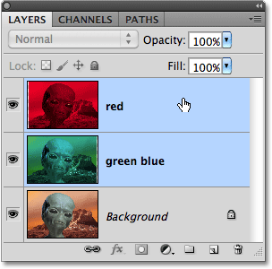 Selecting the 'red' and 'green blue' layers. Image © 2010 Photoshop Essentials.com.