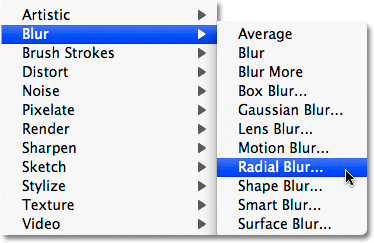 Selecting the Radial Blur filter in Photoshop. Image © 2008 Photoshop Essentials.com.