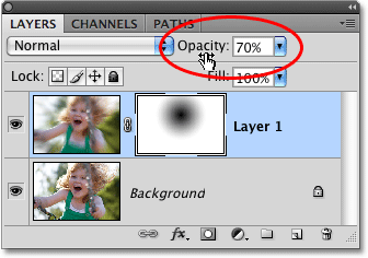 Menurunkan opacity dari lapisan di Photoshop. Gambar © 2008 Photoshop Essentials.com.