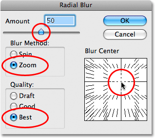 The Radial Blur kotak dialog filter Photoshop. Gambar © 2008 Photoshop Essentials.com.