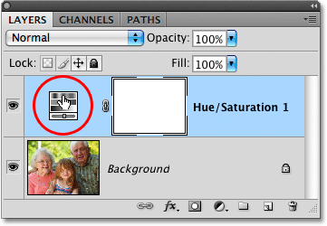 Mengklik pada Hue / Saturasi penyesuaian lapisan thumbnail di Photoshop. Image © 2010 Photoshop Essentials.com