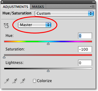 Opsi pemilihan warna pada Hue / Saturasi kotak dialog di Photoshop. Image © 2010 Photoshop Essentials.com