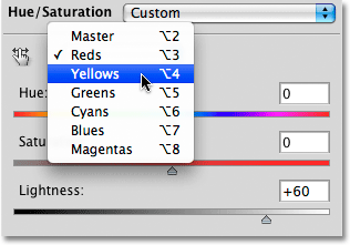 Memilih kuning di Hue / Saturasi kotak dialog di Photoshop. Image © 2010 Photoshop Essentials.com