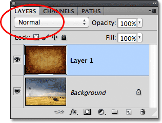 Lapisan pilihan modus berbaur Layers panel di Photoshop. Gambar © 2011 Photoshop Essentials.com.