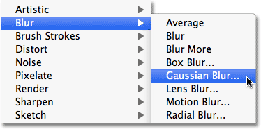 Selecting the Gaussian Blur filter in Photoshop. Image © 2010 Photoshop Essentials.com.