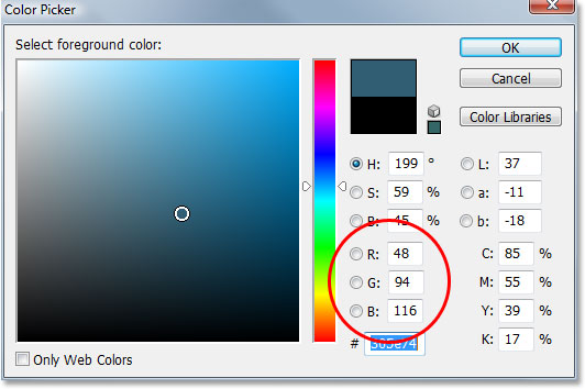 Choosing a color to colorize the image with in Photoshop's Color Picker.