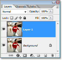 Photoshop's Layers palette now showing the duplicate of the Background layer, named 'Layer 1'.