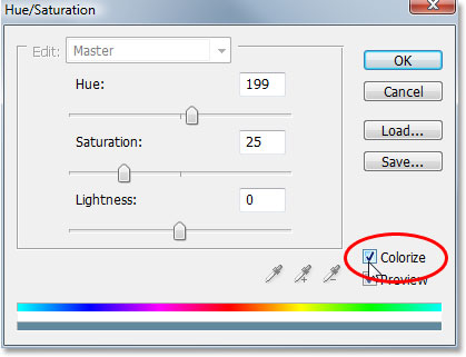 Checking the 'Colorize' option in the bottom right corner of the Hue/Saturation dialog box.