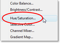 Selecting a Hue/Saturation adjustment layer from the list.