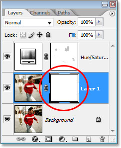 Photoshop's Layers palette showing the layer mask thumbnail on 'Layer 1'.