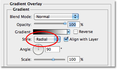 Mengatur opsi gradien Gaya Radial. Image © 2010 Photoshop Essentials.com.