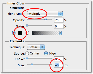 Pilihan Inner Glow di kotak dialog Layer Style. Image © 2010 Photoshop Essentials.com.