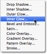 Memilih layer style Inner Glow. Image © 2010 Photoshop Essentials.com.