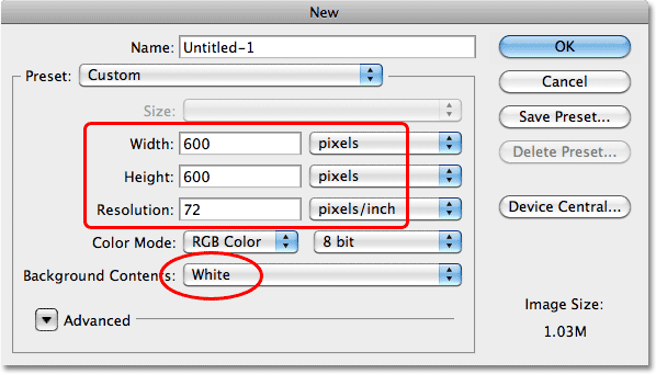 Dokumen Baru kotak dialog di Photoshop. Image © 2010 Photoshop Essentials.com.