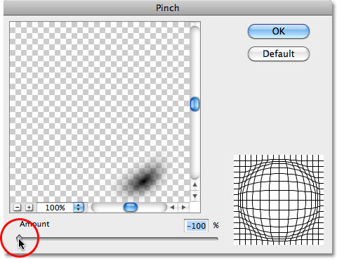 The Pinch Filter kotak dialog. Image © 2010 Photoshop Essentials.com.