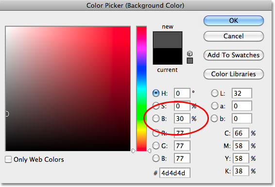 Memilih abu-abu gelap di Color Picker di Photoshop. Image � 2010 Photoshop Essentials.com.