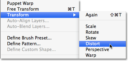 Go to Edit > Transform > Distort. Image © 2010 Photoshop Essentials.com.