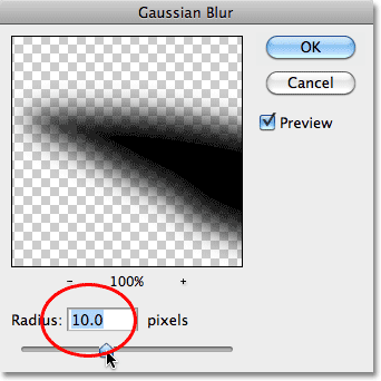 Setting the Radius value to 10 pixels in the Gaussian Blur dialog box. Image © 2010 Photoshop Essentials.com.