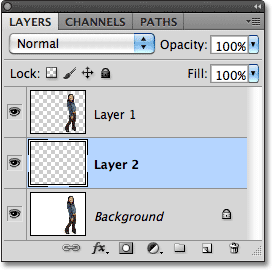 A new layer has been added below the currently selected layer. Image © 2010 Photoshop Essentials.com.