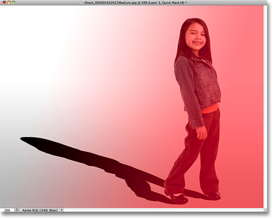 Sebuah merah untuk transparan gradien Quick Mask di Photoshop. Image © 2010 Photoshop Essentials.com.