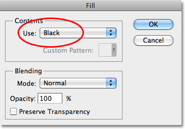 Mengatur Gunakan pilihan untuk Hitam di kotak dialog Fill. Image � 2010 Photoshop Essentials.com.