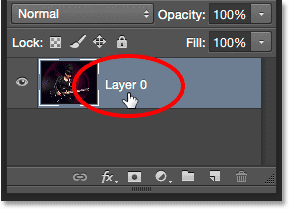 The Background layer in the Layers panel has been renamed Layer 0. Image © 2015 Photoshop Essentials.com.