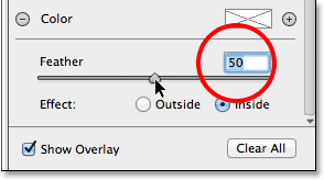 Increasing the Radial Filter Feather amount to 50. Image © 2013 Photoshop Essentials.com